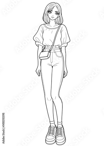 Fashion coloring page with a stylish girl on a transparent background  
