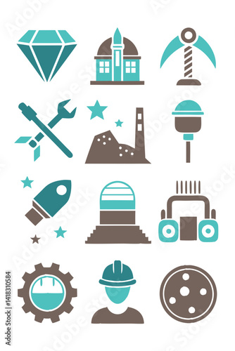 Industry and Progress Icons Set with Teal and Brown