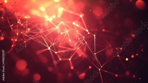 Abstract network with glowing dots and lines against a maroon backdrop.