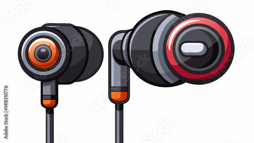 Earphones headset. In-ear headphones. Vacuum wired black headphones for listening to music and sound on portable devices: music player, smartphone, laptop on a white background. Ear