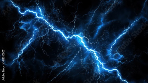 Brilliant blue lightning strikes against a dark, ominous sky.