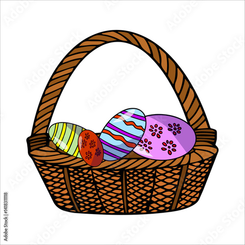 Colored hand drawn illustration of brown Easter basket with colorful Easter eggs