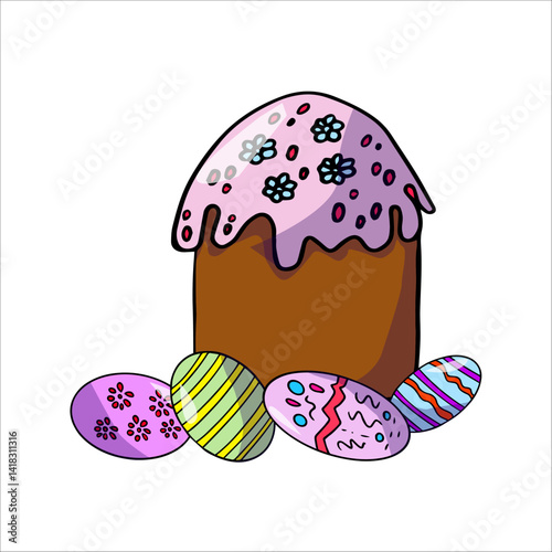Colorful Easter cake with hand-drawn Easter eggs
