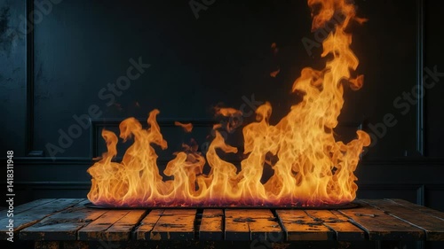 Fire flames on wooden table with background and space for products display