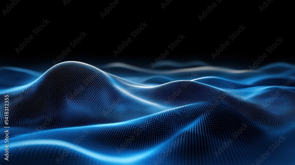 Abstract blue wavy surface on a dark background, digital rendering. Abstract blue wavy surface on a dark background, digital rendering.