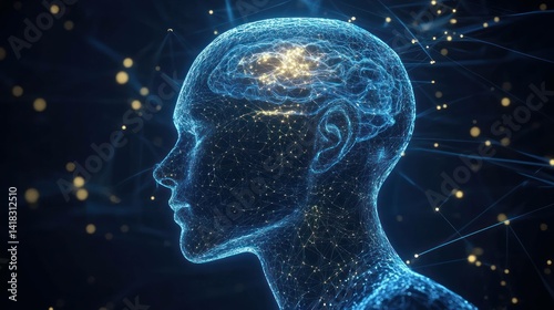 Digital human head outline with glowing brain and network connections.