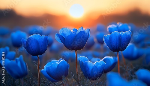 Vibrant blue tulips bathed in golden sunrise light.