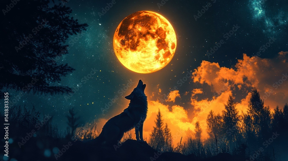 Fototapeta premium A lone wolf howls at a bright, orange full moon on a starry night.