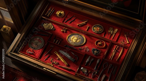 A shadow box showcases historical military badges, pins, and weaponry.