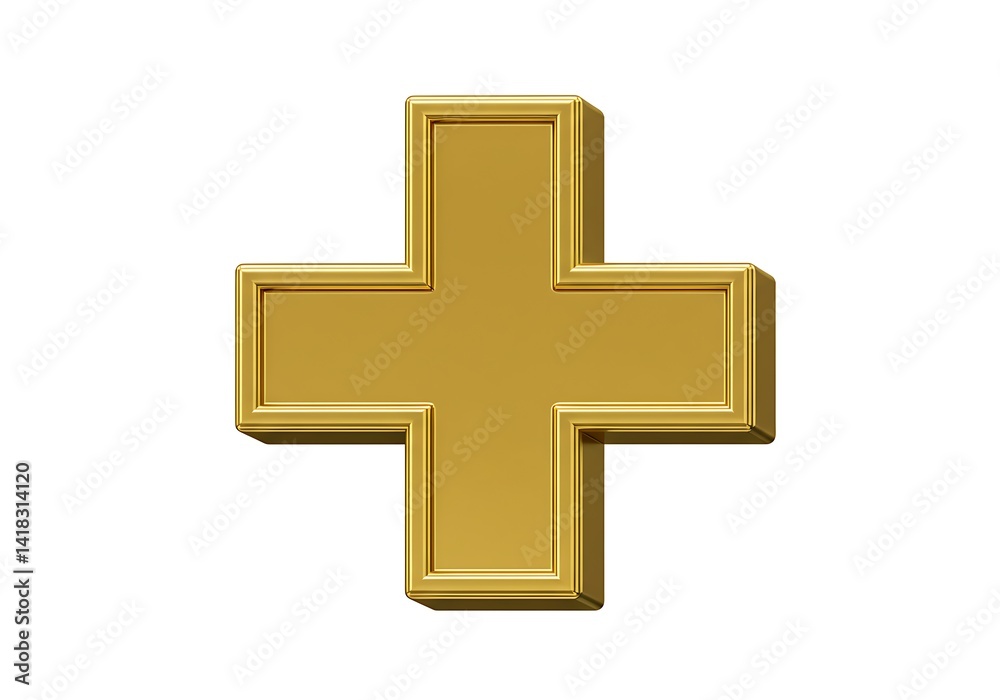 Golden plus sign symbol isolated on white background