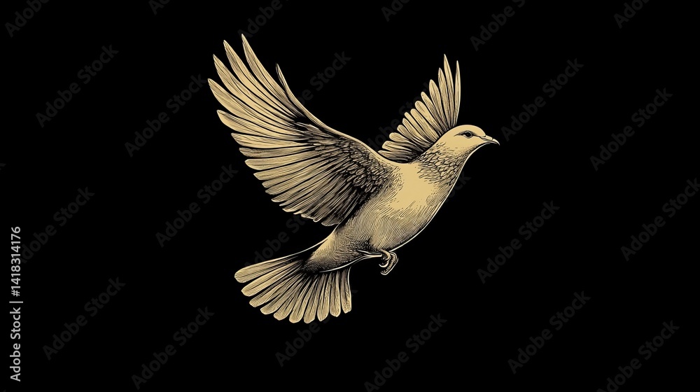 Obraz premium Elegant Golden Dove in Flight Detailed Engraving Style Bird Illustration Graphic Design Element Vintage Style Peace Symbol Hope Freedom Nature 