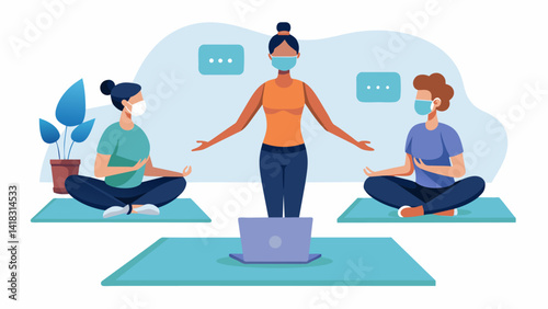 As the instructor guides them through the virtual space participants focus on their breathing and core muscles mastering each Pilates pose.. Vector illustration