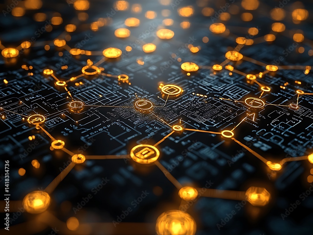 Obraz premium High-tech circuit board network with glowing connections.