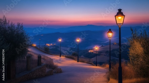 A winding road lined with vintage lampposts at dusk in the Italian countryside.