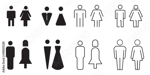 Restroom icon flat set Woman, man public toilet vector for apps or web female and male hygiene washrooms symbol ladies and gentlemen WC bathroom UI icon doorplate isolated on transparent background