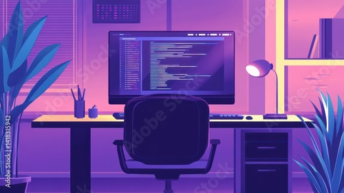 A vibrant, purple-toned home office with a computer, desk, and plants.