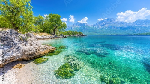 Stunning coastal scene turquoise water coral reef sandy beach lush vegetation sunny sky idyllic summer vacation paradise
