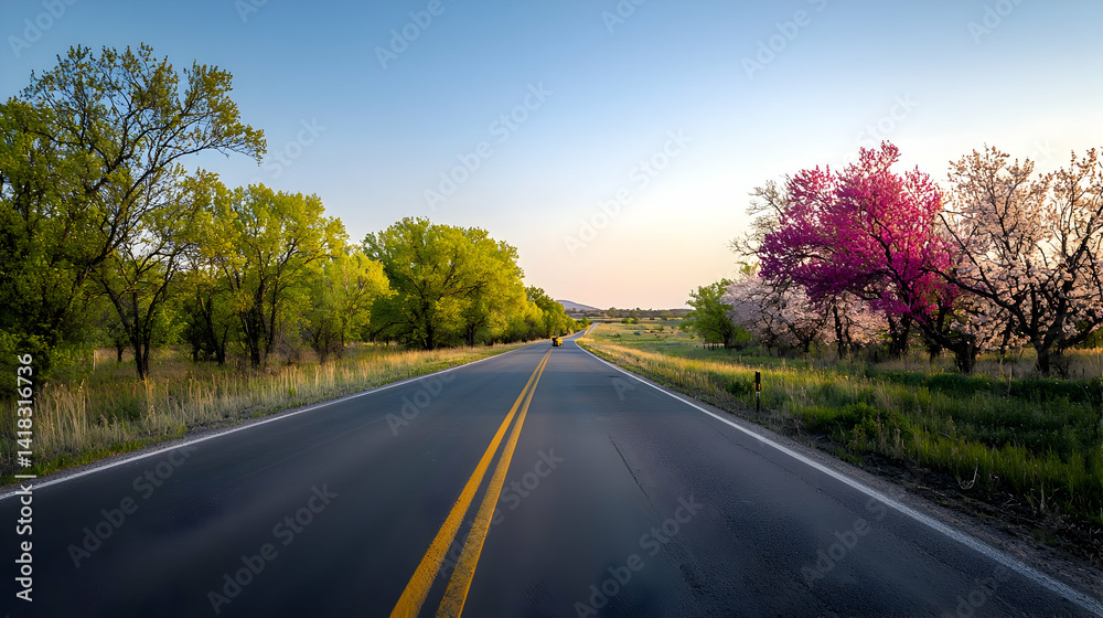 Fototapeta premium Country Road Blossoming Trees Springtime