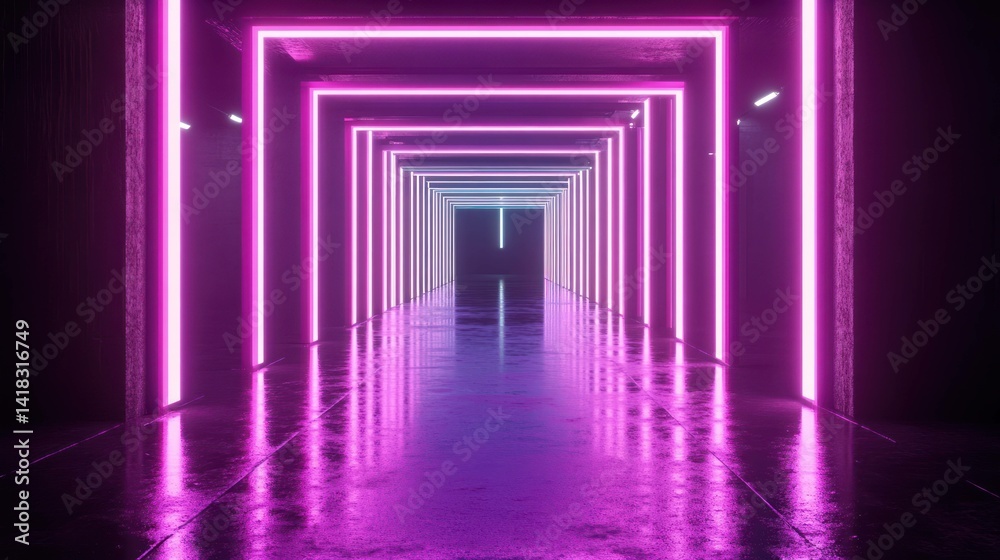Fototapeta premium Neon-lit futuristic tunnel perspective, a mesmerizing geometric design.