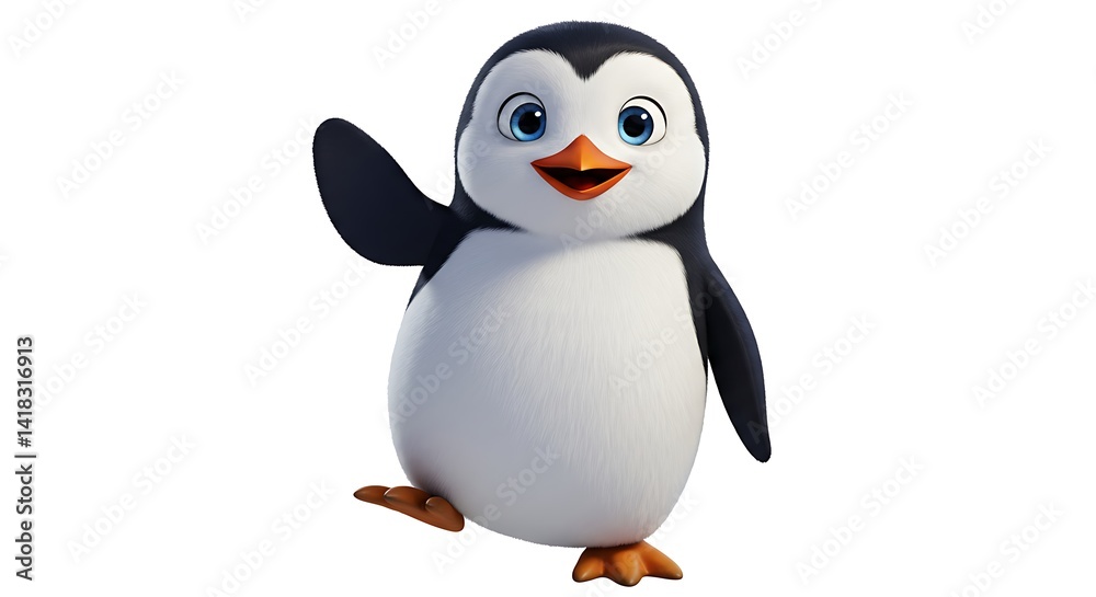 Fototapeta premium A cute and happy cartoon penguin waving with a friendly smile, perfect for any project.