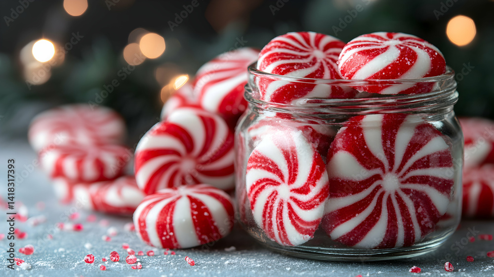 Festive red and white peppermint candies in a glass jar, bokeh background. Perfect for Christmas or holiday themed projects. Festive red and white peppermint candies in a glass jar, bokeh background. Perfect for Christmas or holiday themed projects.