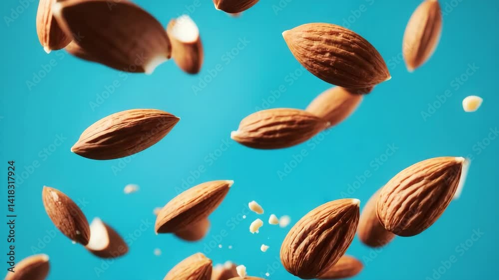 Flying almonds in the air, both whole and cut, isolated on a background with a focus on torn pieces, high-resolution video.