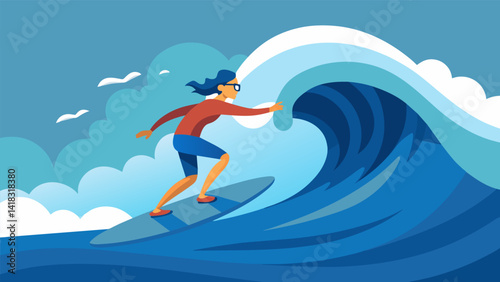 Challenge yourself to conquer the biggest and most treacherous waves in this intense VR surfing simulation pushing your limits and earning bragging. Vector illustration