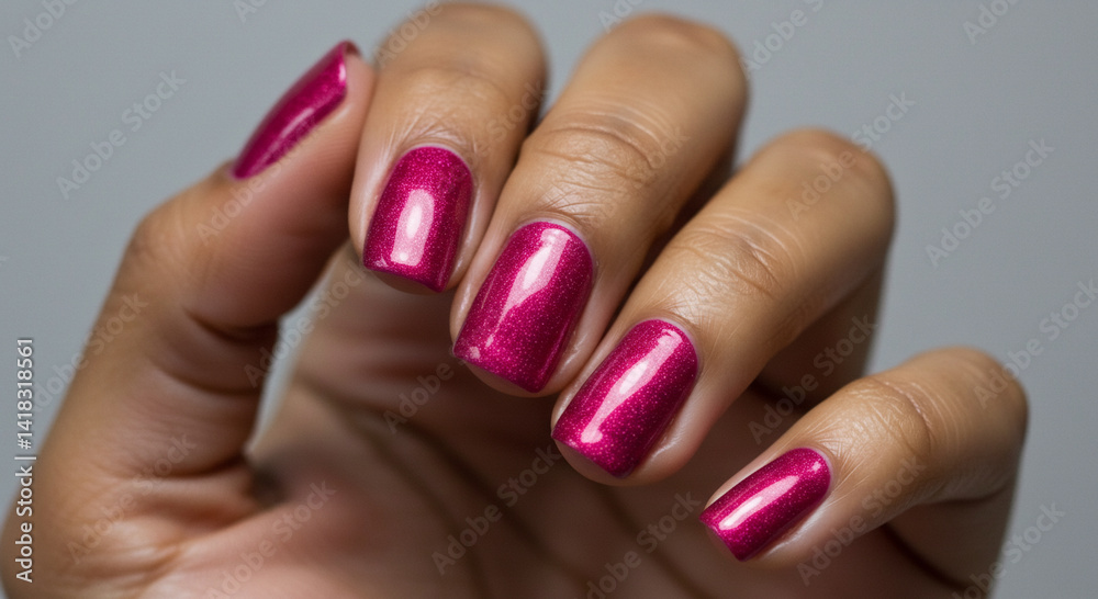 Female hand showcasing metallic pink shimmer manicure. Reflective fuchsia nail polish detail on medium length nails. Trendy beauty style on grey background. Female hand showcasing metallic pink shimmer manicure. Reflective fuchsia nail polish detail on medium length nails. Trendy beauty style on grey background.