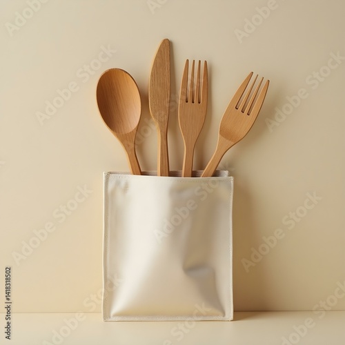 Minimal Bamboo Cutlery Set in Roll-Up Pouch Mockup – Sustainable Utensils Display