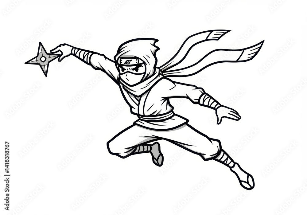 Cartoon ninja character jumping with throwing star illustration Cartoon ninja character jumping with throwing star illustration