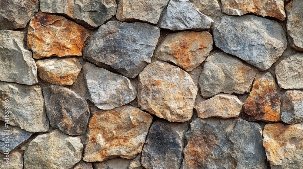 Rough, irregular stones create a textured stone wall. Rough, irregular stones create a textured stone wall.