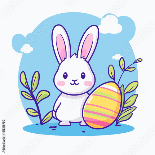 Cute rabbit and egg. Vector Easter icon in line art style.