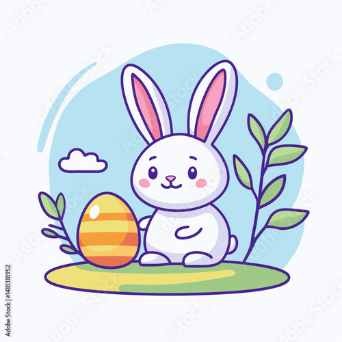 Cute rabbit and egg. Line art style. Vector Easter icon.