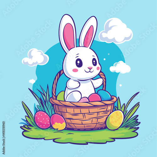 Cute baby rabbit, wicker basket and eggs. Vector Easter icon in line art style.
