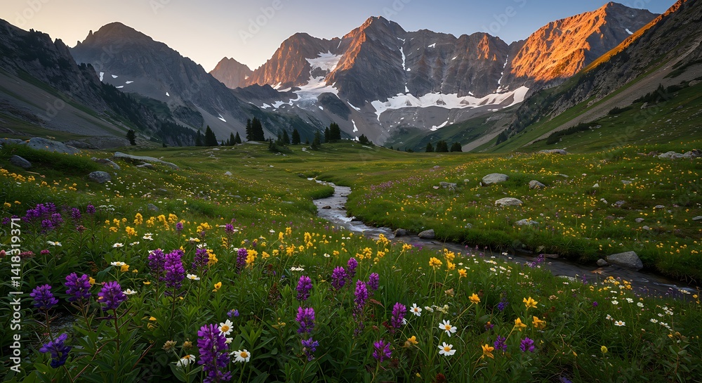 Fototapeta premium Mountain Valley with Stream and Wildflowers