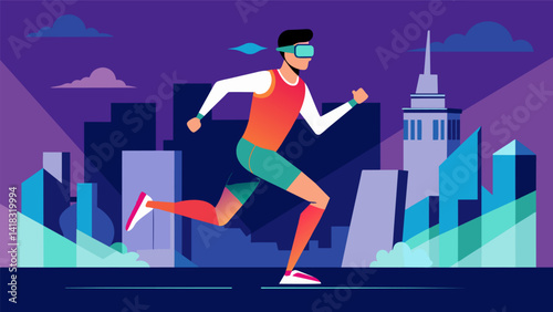A marathon runner making their way through a virtual cityscape in the VR marathon event.. Vector illustration