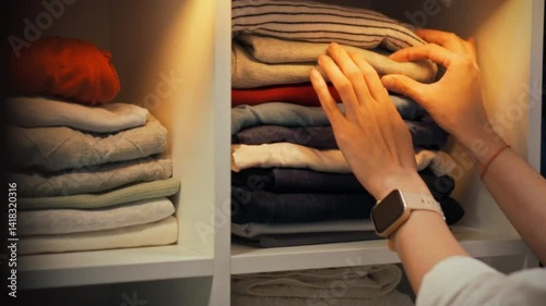 Folding and organizing clothes in a well-lit closet helps create a tidy living space. The activity takes place indoors, promoting a sense of order and efficiency in daily life