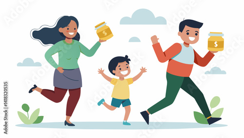 A young child excitedly races towards her parents who are participating in the marathon holding a jar filled with coins and dollar bills proud to. Vector illustration