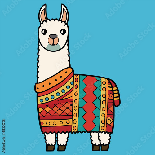 Colorful cartoon llama in traditional Andean poncho on blue background, cute and festive illustration

