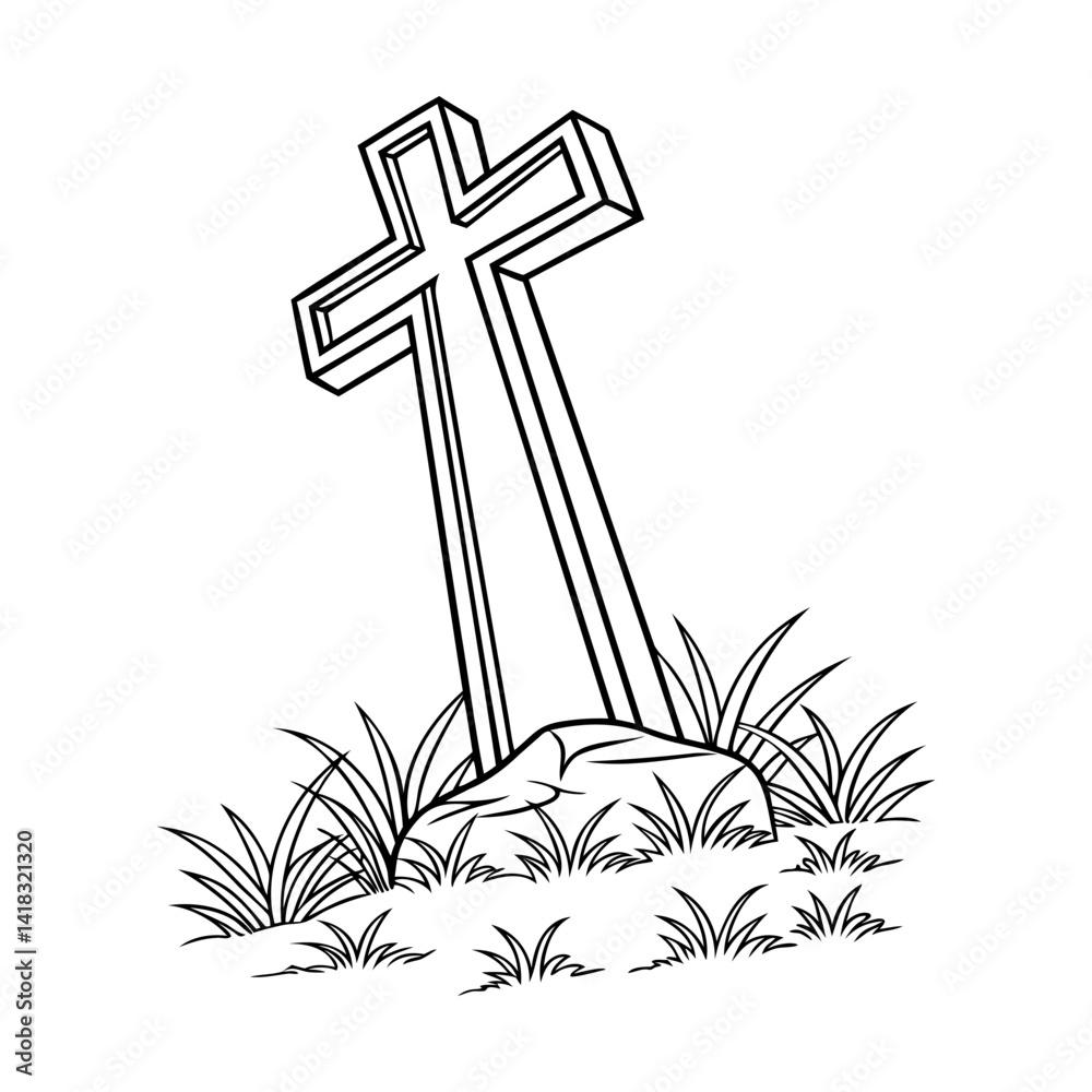 Christian cross icon. Simple icon of cross standing on a hill with grass and rocks.