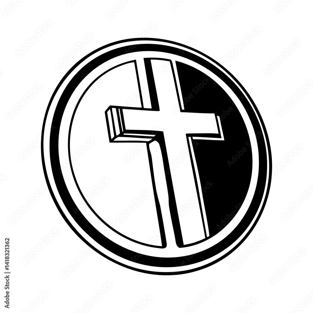 Christian cross icon. Modern logo featuring a Christian cross inside a circle. Black Church symbol.