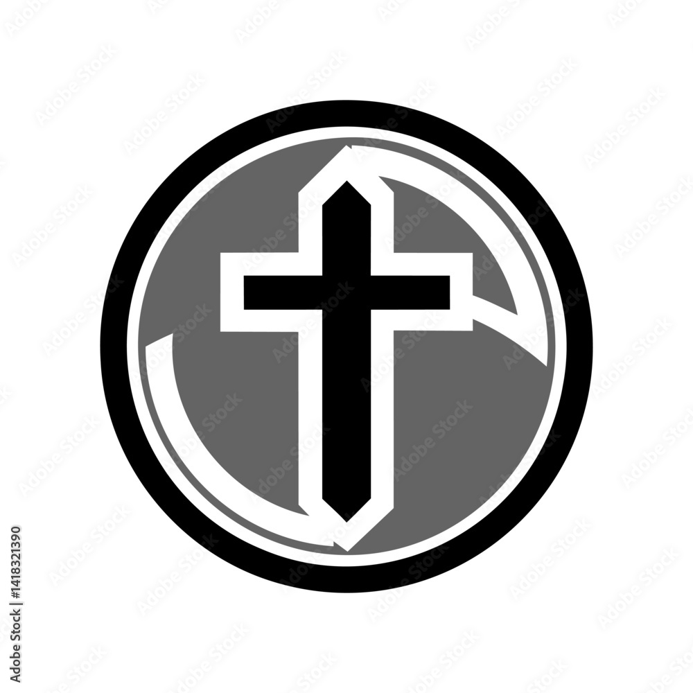 Christian cross icon. Abstract round christian cross logo. Black church symbol.