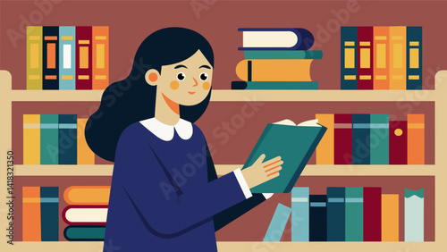 A young woman in a library setting carefully labeling shelves of religious books and texts.. Vector illustration