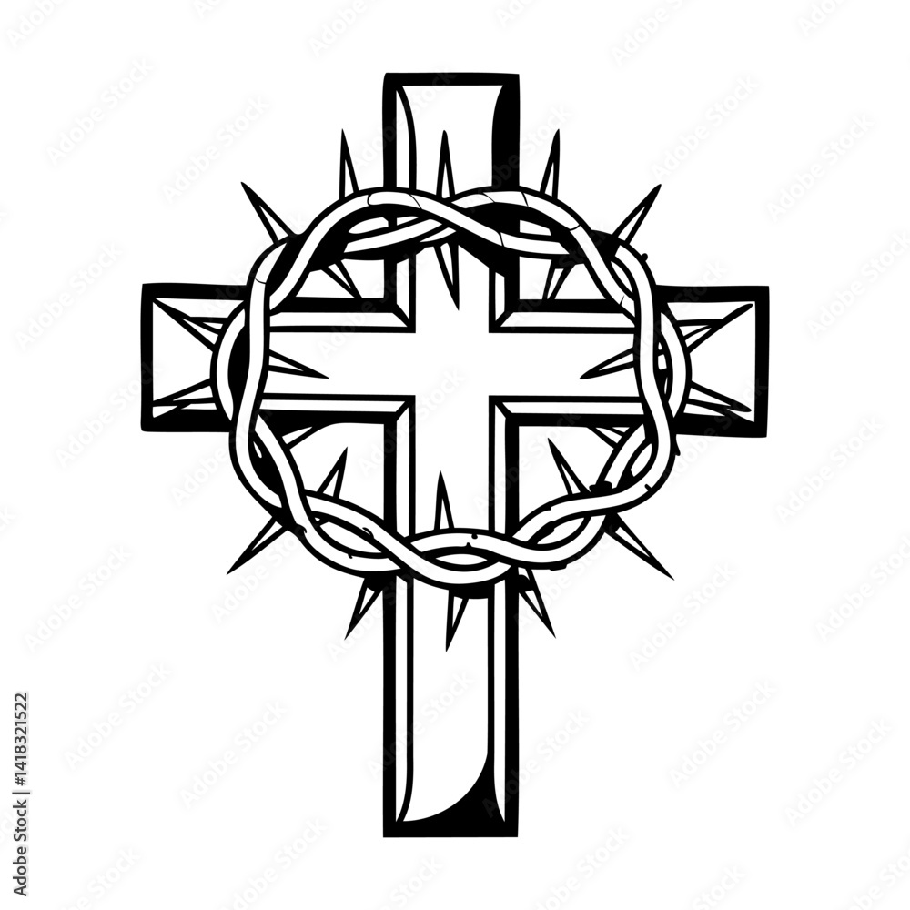 Cross with crown of thorns icon. Black silhouette cross in thorns on white background.