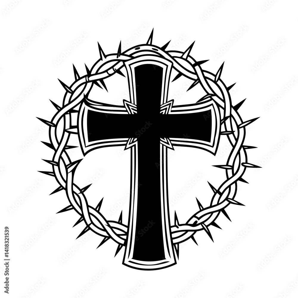 Cross with crown of thorns icon. Black silhouette cross in thorns on white background.