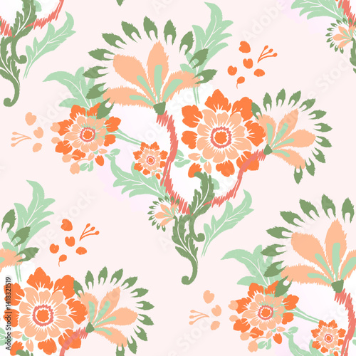 Vector ikat blooming floral seamless pattern.