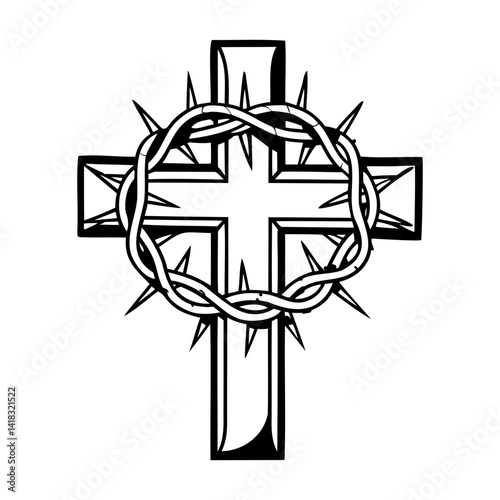 Cross with crown of thorns icon. Black silhouette cross in thorns on white background.