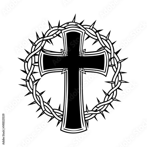 Obraz na płótnie Cross with crown of thorns icon. Black silhouette cross in thorns on white background. w salonie