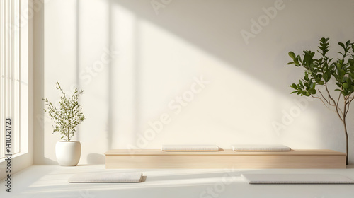 Empty Modern Room With Wooden Platform And Plants Under Natural Sunlight