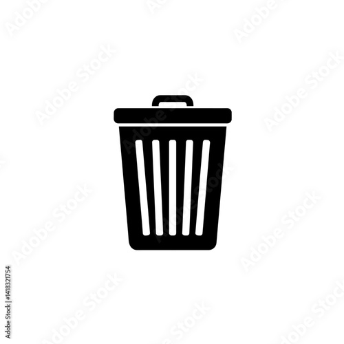Trash Bin Icon in Black Silhouette Vector Style with Vertical Lid Lines and Minimalist Design on White Background